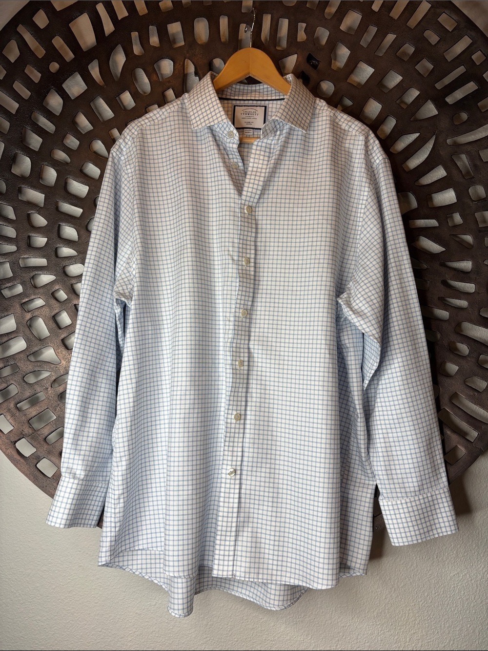 Light Blue White Check Dress Shirt 17.5/35 Cotton Classic Fit Charles Tyrwhitt